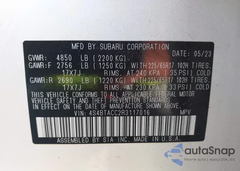 2024 Subaru Outback Premium из США, поврежденный, VIN 4S4BTACC2R3117016